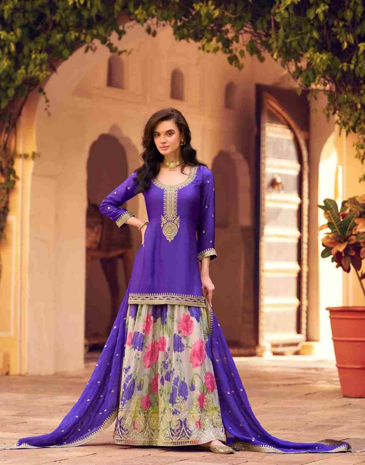 Safar By Sayuri 5744 To 5746 Series Designer Sharara Suits Beautiful Fancy Stylish Colorful Party Wear & Occasional Wear Premium Chinnon Silk Embroidered Dresses At Wholesale Price
