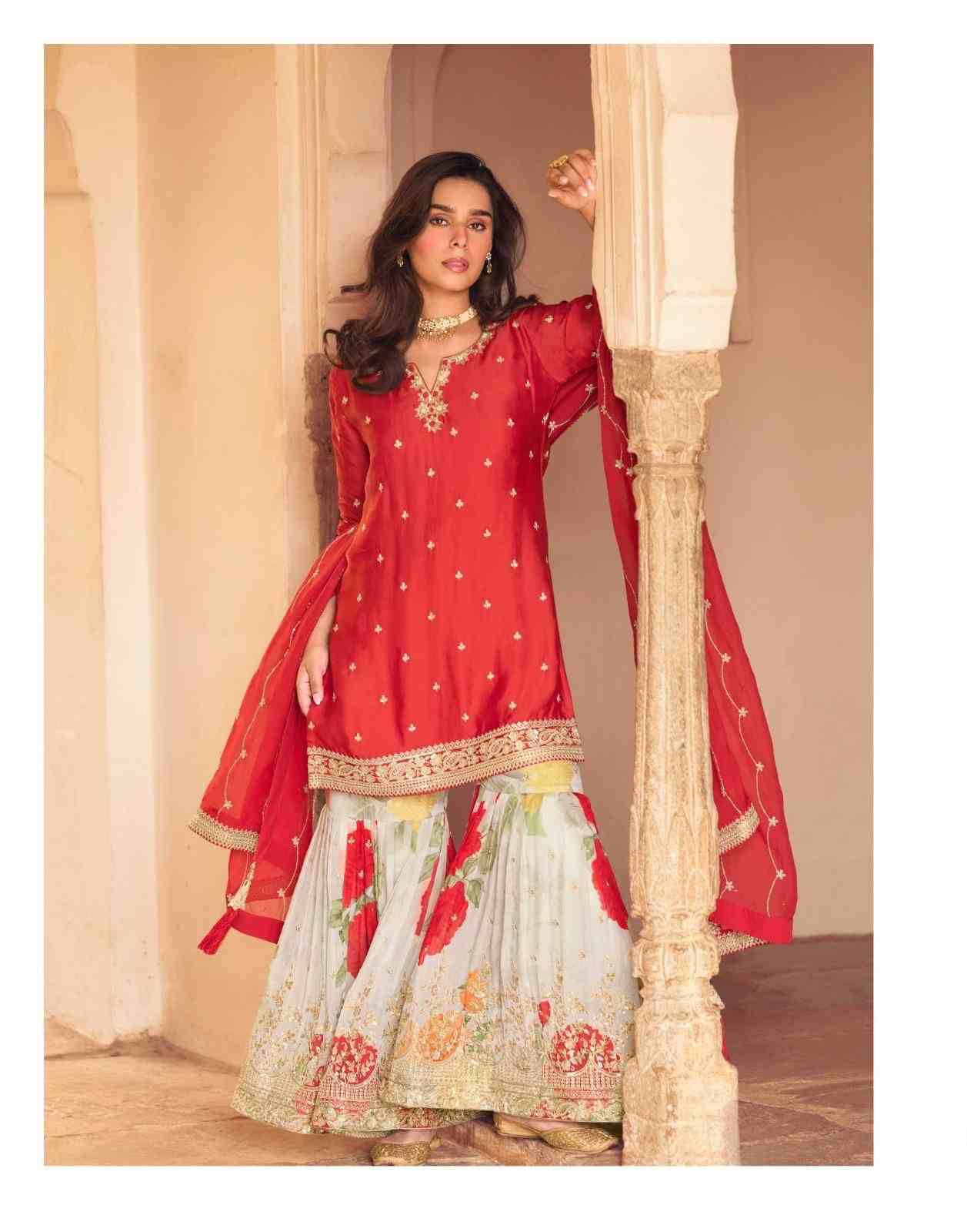 Safar By Sayuri 5744 To 5746 Series Designer Sharara Suits Beautiful Fancy Stylish Colorful Party Wear & Occasional Wear Premium Chinnon Silk Embroidered Dresses At Wholesale Price