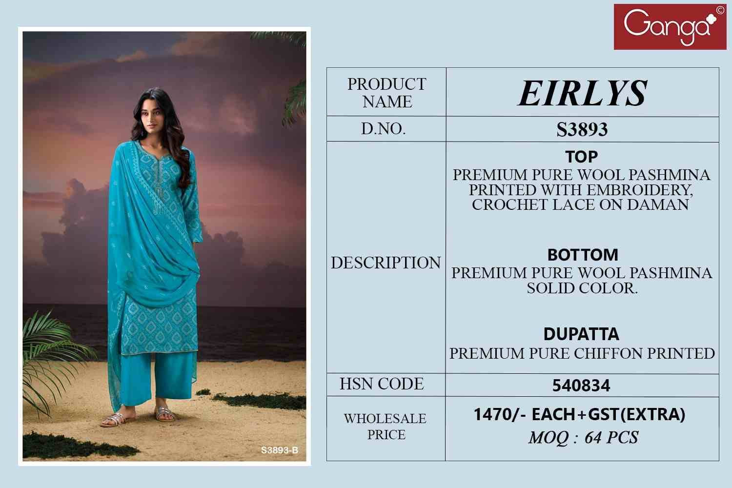 Eirlys-3893 By Ganga Fashion 3893-A To 3893-D Series Beautiful Festive Suits Colorful Stylish Fancy Casual Wear & Ethnic Wear Pure Pashmina Dresses At Wholesale Price