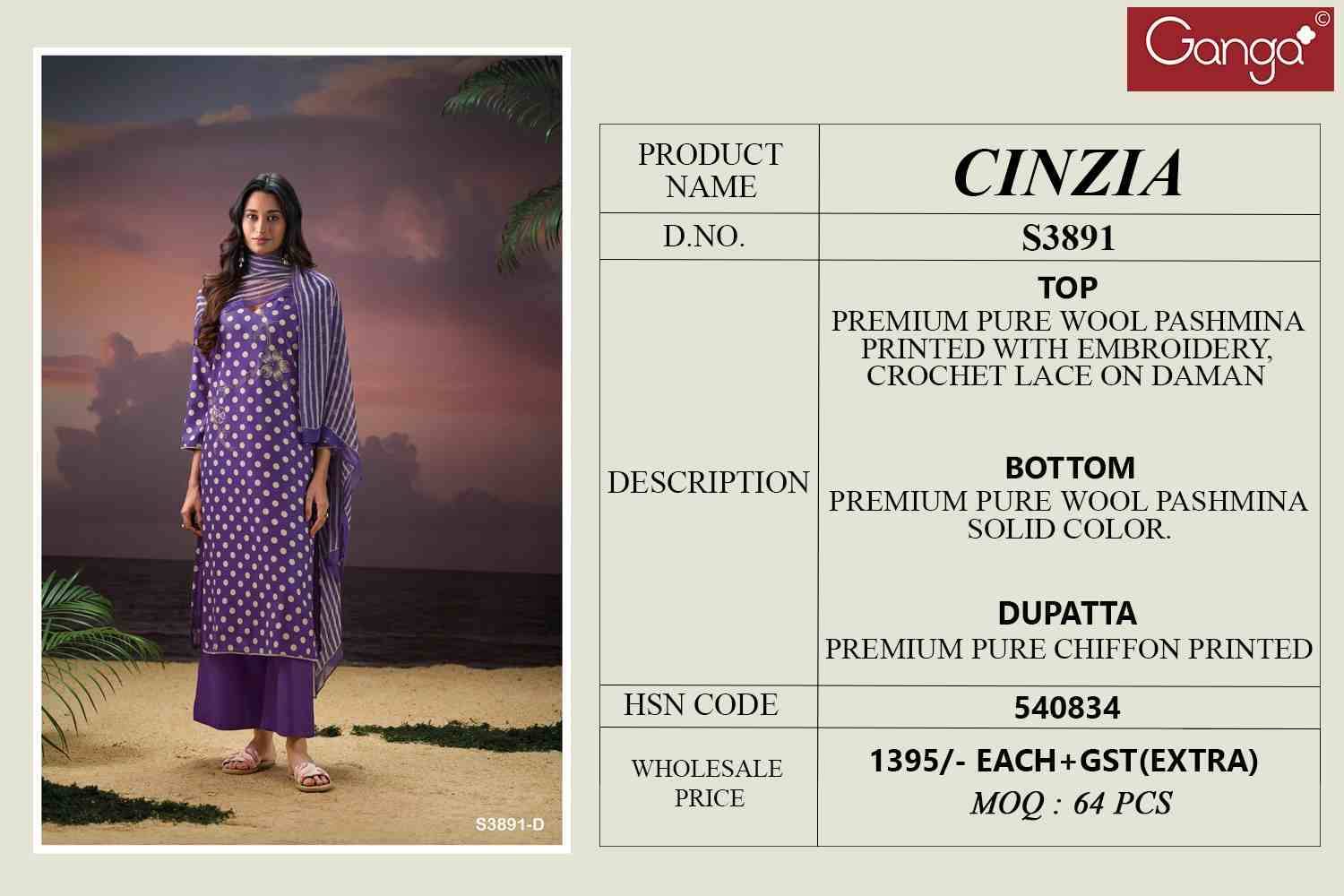 Cinzia-3891 By Ganga Fashion 3891-A To 3891-D Series Beautiful Festive Suits Colorful Stylish Fancy Casual Wear & Ethnic Wear Pure Pashmina Dresses At Wholesale Price