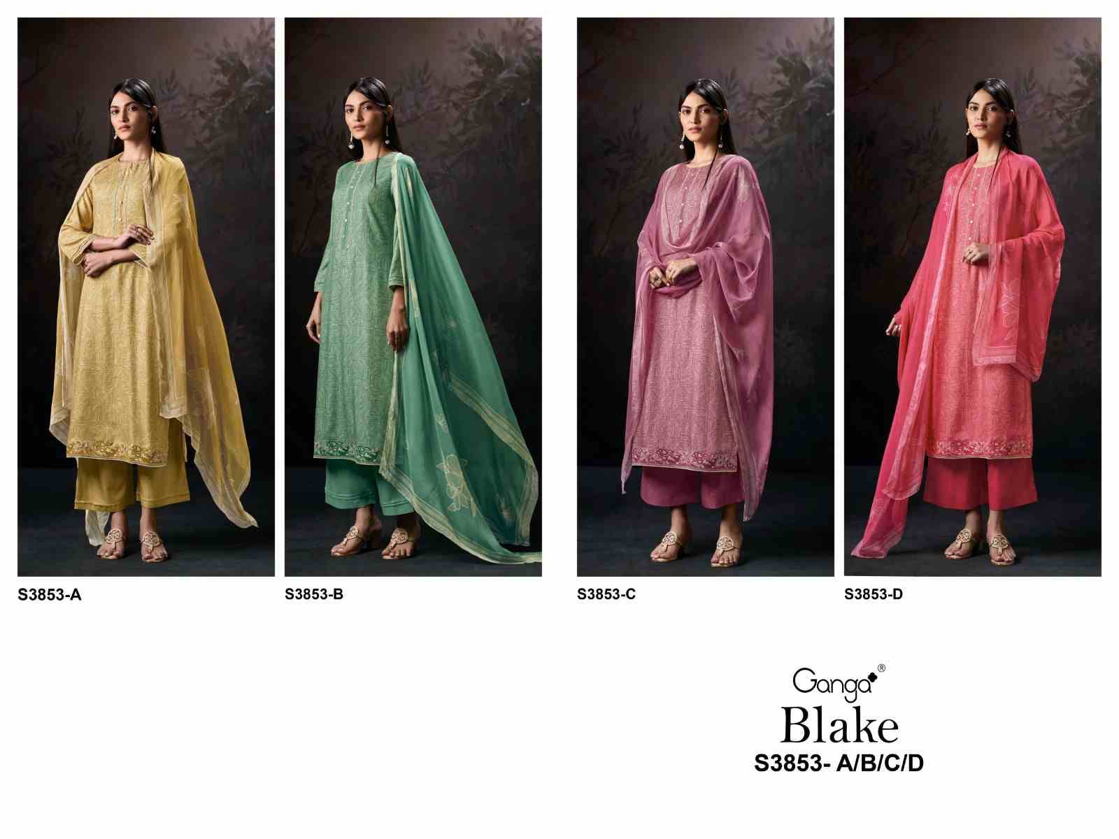 Blake-3853 By Ganga Fashion 3853-A To 3853-D Series Beautiful Festive Suits Colorful Stylish Fancy Casual Wear & Ethnic Wear Pure Pashmina Dresses At Wholesale Price