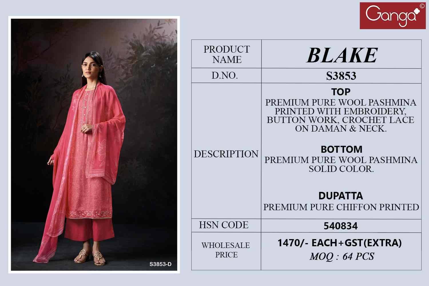 Blake-3853 By Ganga Fashion 3853-A To 3853-D Series Beautiful Festive Suits Colorful Stylish Fancy Casual Wear & Ethnic Wear Pure Pashmina Dresses At Wholesale Price