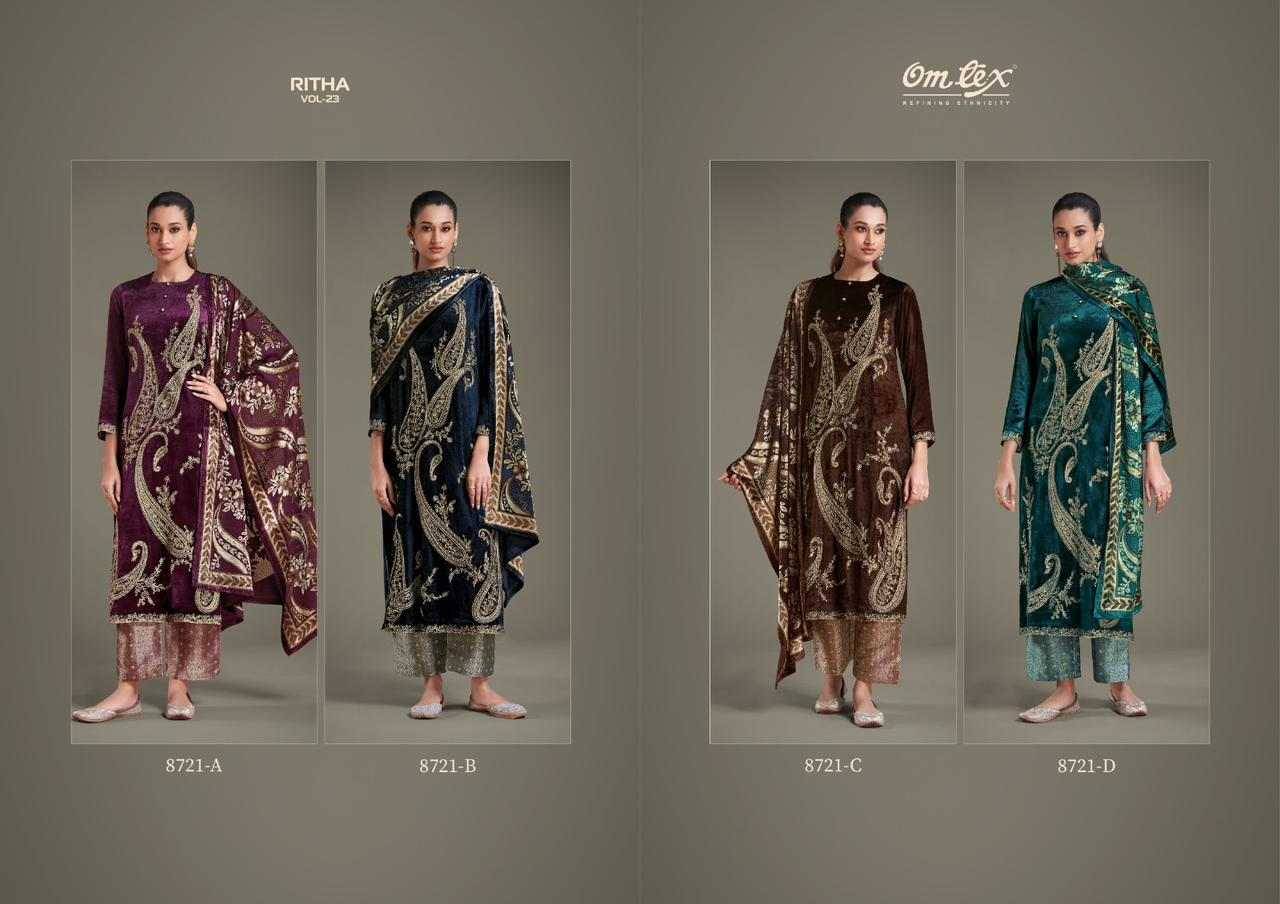 Ritha Vol-23 By Om Tex 8721-A To 8721-D Series Beautiful Festive Suits Colorful Stylish Fancy Casual Wear & Ethnic Wear Viscose Velvet Dresses At Wholesale Price