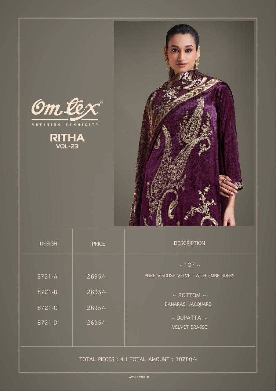 Ritha Vol-23 By Om Tex 8721-A To 8721-D Series Beautiful Festive Suits Colorful Stylish Fancy Casual Wear & Ethnic Wear Viscose Velvet Dresses At Wholesale Price