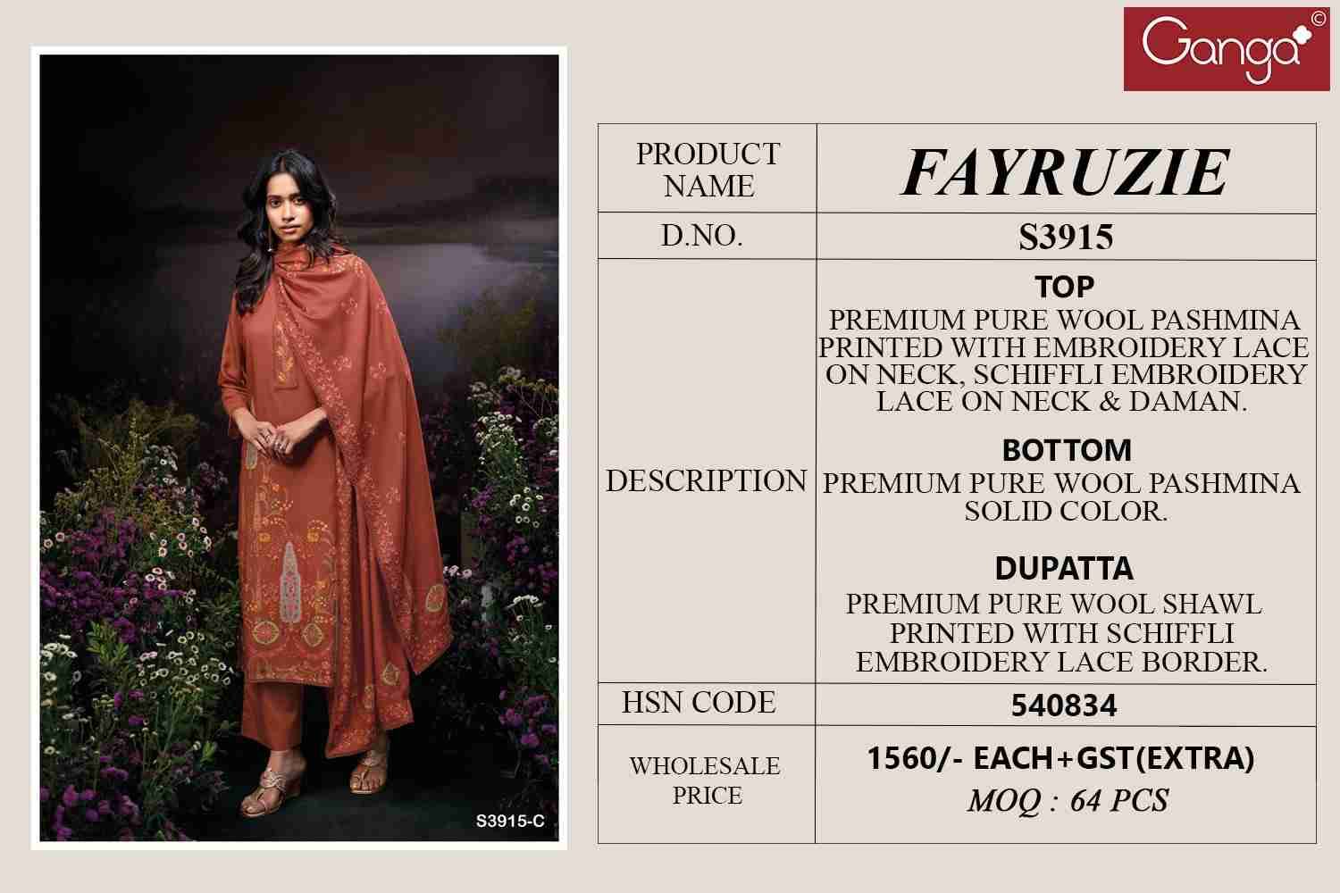Fayruzie-3915 By Ganga Fashion 3915-A To 3915-D Series Beautiful Festive Suits Colorful Stylish Fancy Casual Wear & Ethnic Wear Pure Pashmina Dresses At Wholesale Price