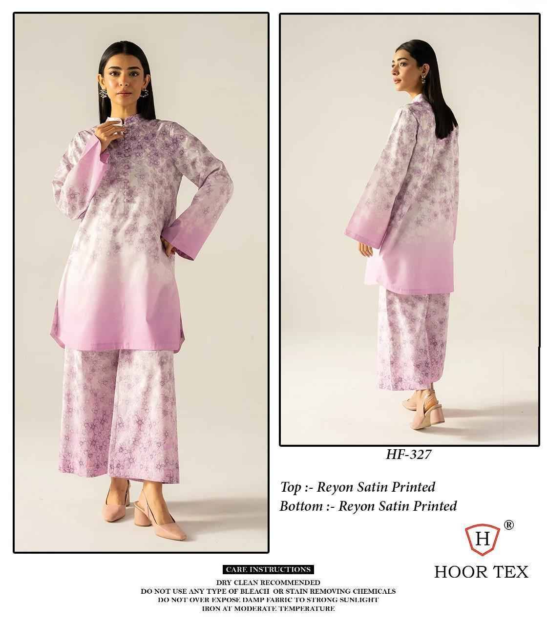Hoor Tex Hit Design HF-327 Series By Hoor Tex HF-327 To HF-336 Series Designer Stylish Fancy Colorful Beautiful Casual Wear & Ethnic Wear Imported Rayon Satin Co-Ords At Wholesale Price