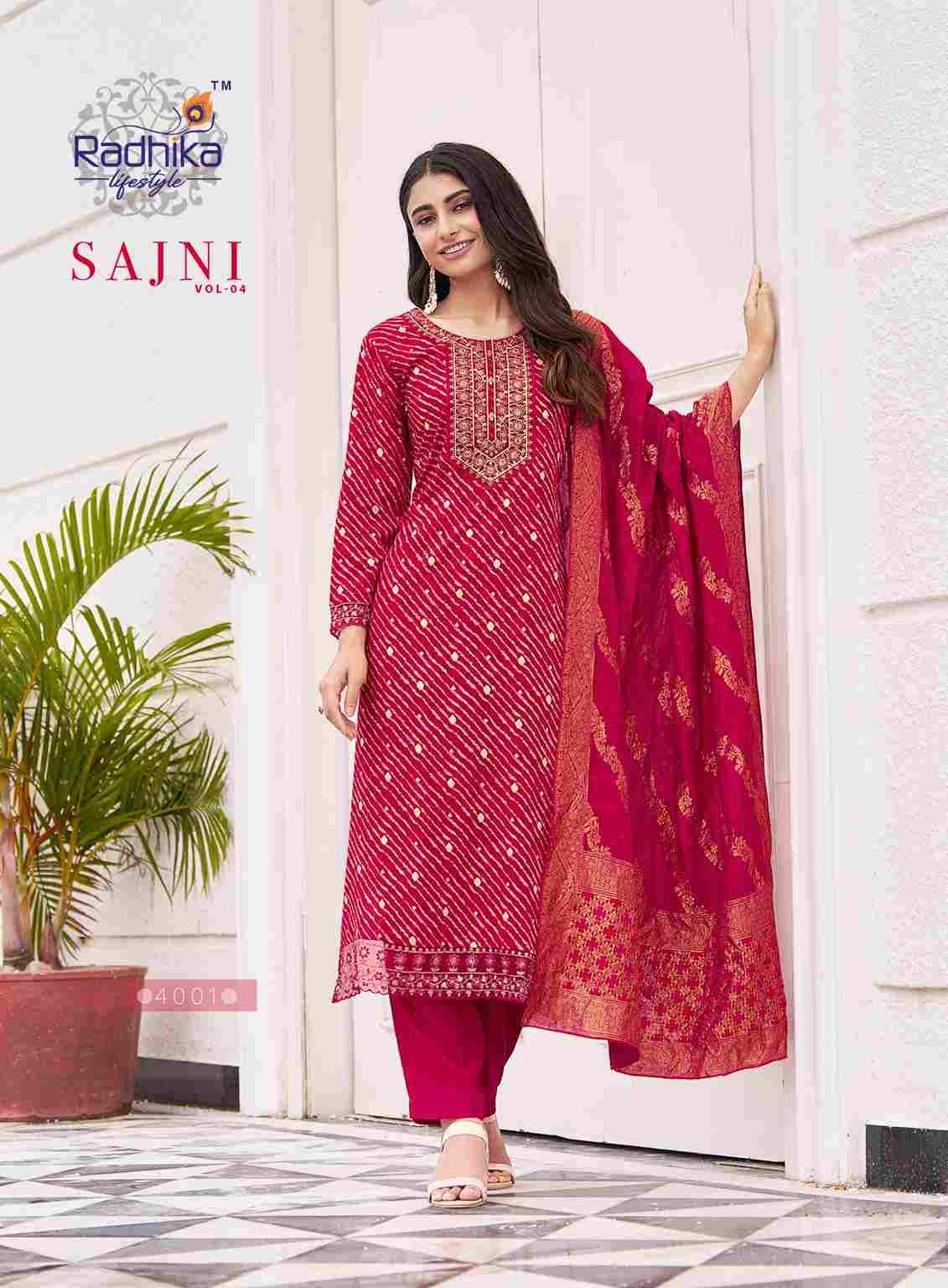 Sajni Vol-4 By Radhika Lifestyle 4001 To 4006 Series Beautiful Festive Suits Colorful Stylish Fancy Casual Wear & Ethnic Wear Pure Rayon Dresses At Wholesale Price