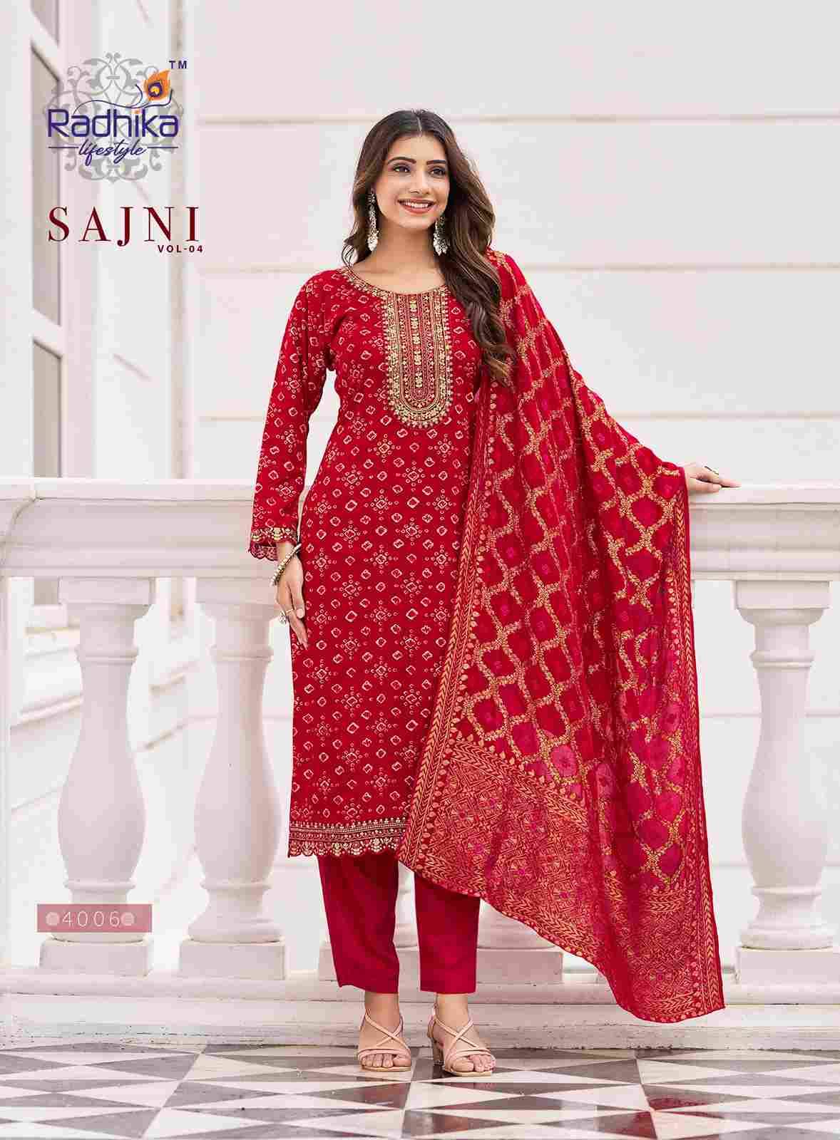 Sajni Vol-4 By Radhika Lifestyle 4001 To 4006 Series Beautiful Festive Suits Colorful Stylish Fancy Casual Wear & Ethnic Wear Pure Rayon Dresses At Wholesale Price
