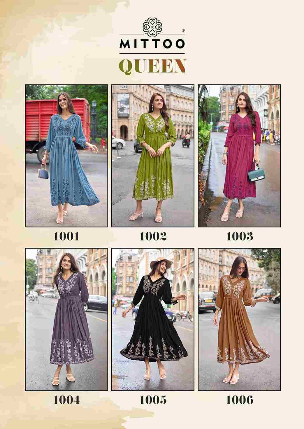 Queen By Mittoo 1001 To 1006 Series Designer Stylish Fancy Colorful Beautiful Party Wear & Ethnic Wear Collection Heavy Rayon Kurtis At Wholesale Price