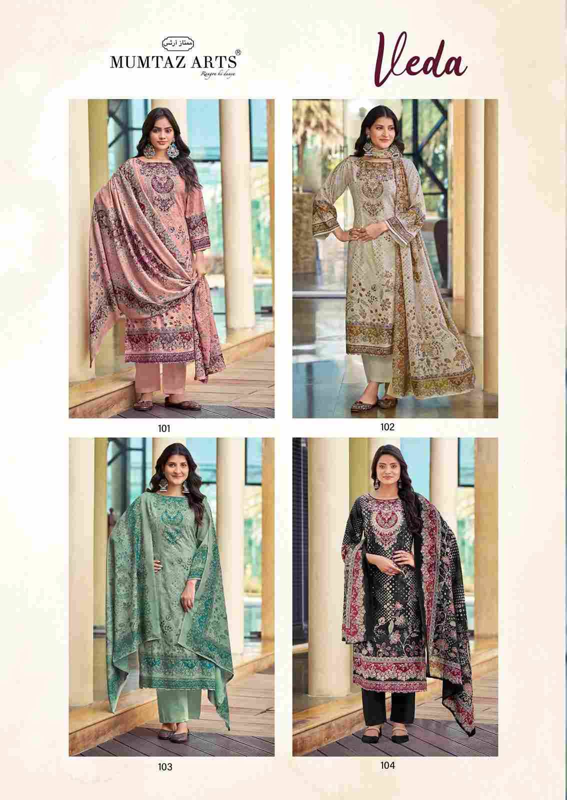 Veda By Mumtaz Arts 101 To 104 Series Beautiful Festive Suits Colorful Stylish Fancy Casual Wear & Ethnic Wear Pure Jam Satin Print Dresses At Wholesale Price