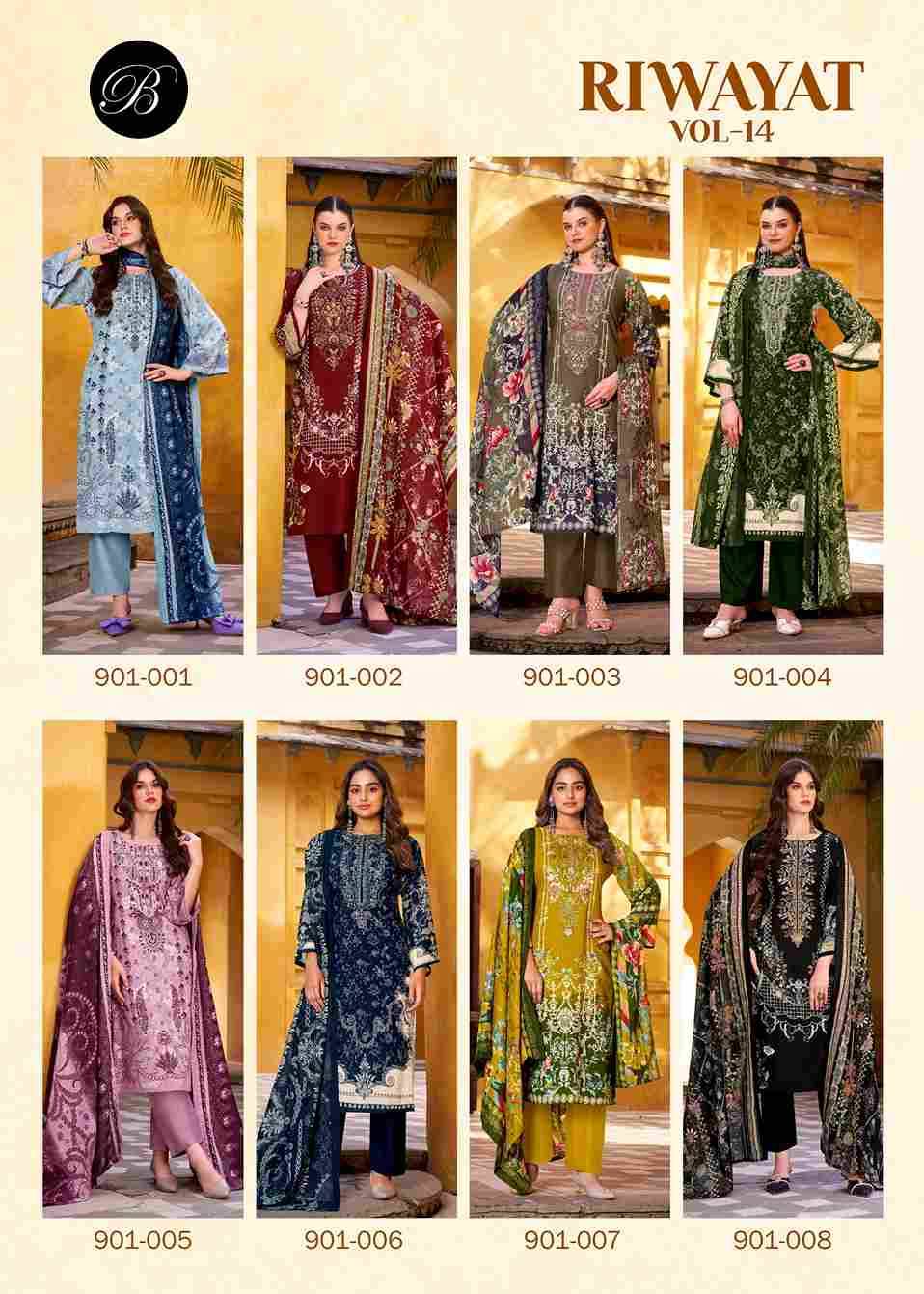Riwayat Vol-14 By Belliza 901-001 To 901-008 Series Beautiful Festive Suits Stylish Fancy Colorful Casual Wear & Ethnic Wear Pure Viscose Rayon Print Dresses At Wholesale Price