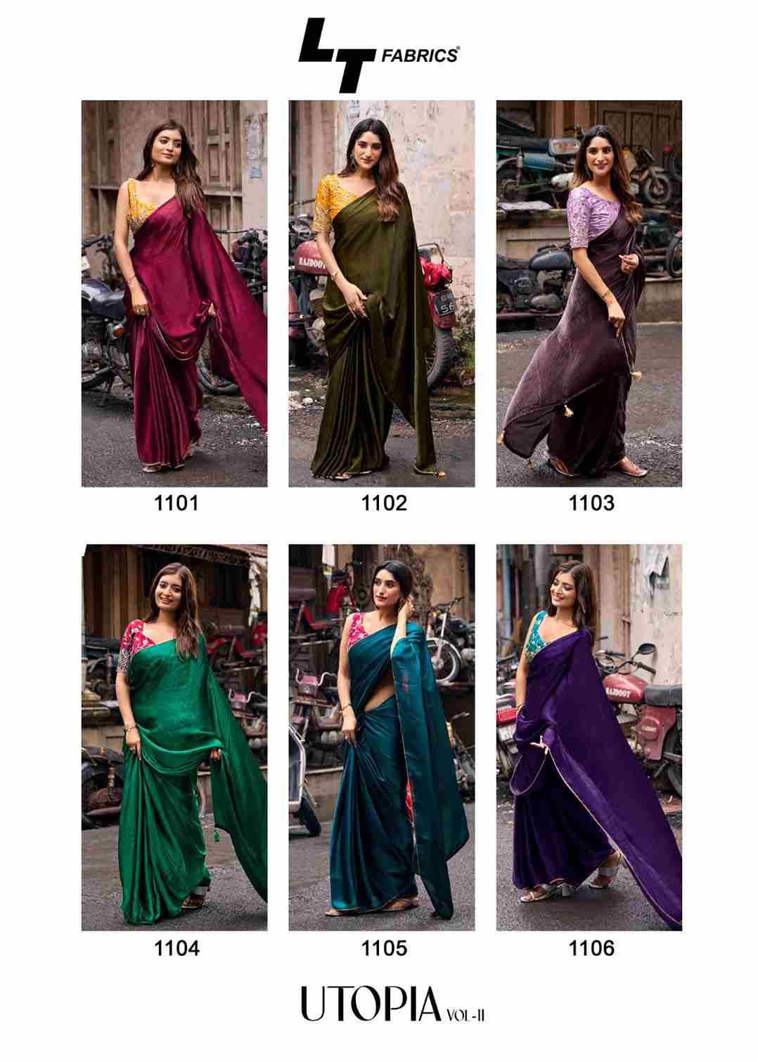 Utopia Vol-11 By Lt Fabrics 1101 To 1106 Series Indian Traditional Wear Collection Beautiful Stylish Fancy Colorful Party Wear & Occasional Wear Malai Silk Sarees At Wholesale Price