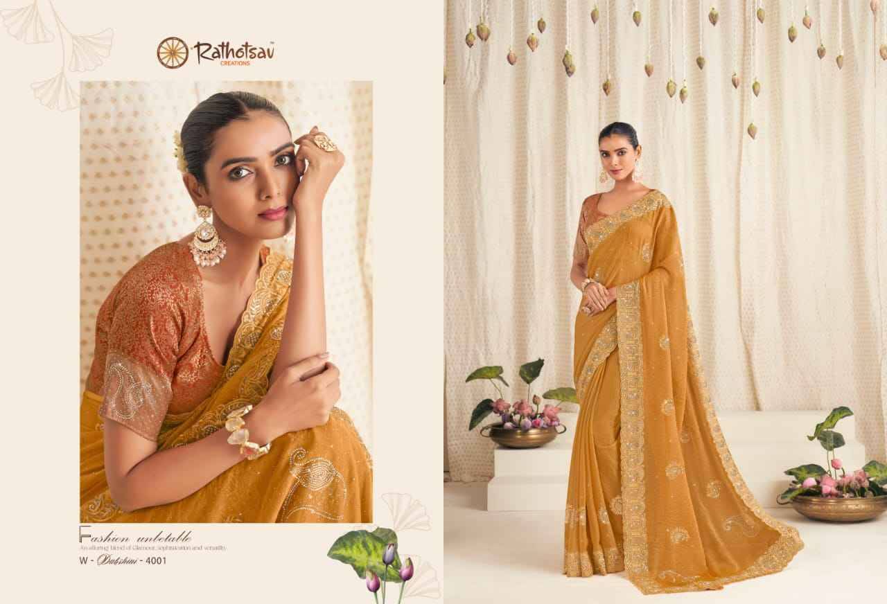 Dakshni By Rathotsav 4001 To 4005 Series Indian Traditional Wear Collection Beautiful Stylish Fancy Colorful Party Wear & Occasional Wear Chiffon Sarees At Wholesale Price