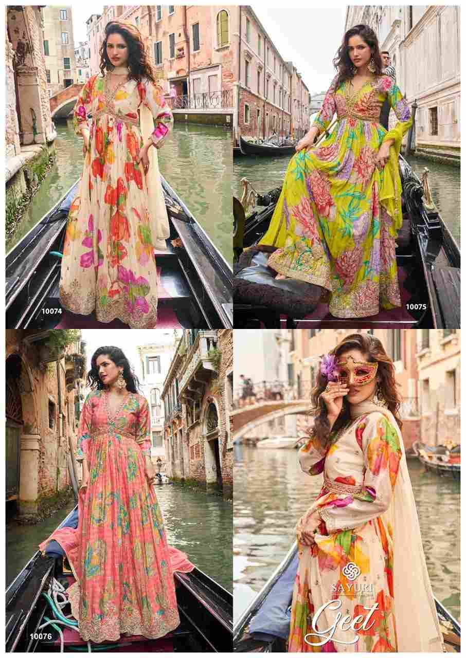 Geet By Sayuri 10074 To 10076 Series Designer Stylish Fancy Colorful Beautiful Party Wear & Ethnic Wear Collection Premium Chinnon Silk Gowns With Dupatta At Wholesale Price