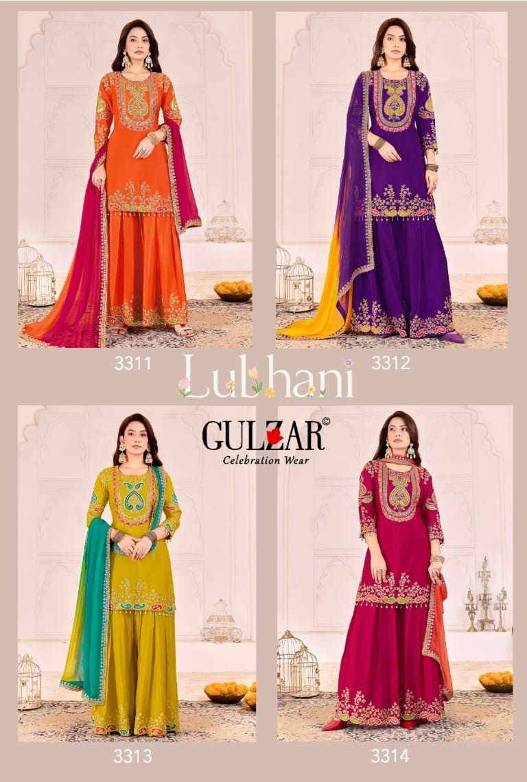 Lubhani By Gulzar 3311 To 3314 Series Beautiful Sharara Suits Colorful Stylish Fancy Casual Wear & Ethnic Wear Chinnon Dresses At Wholesale Price