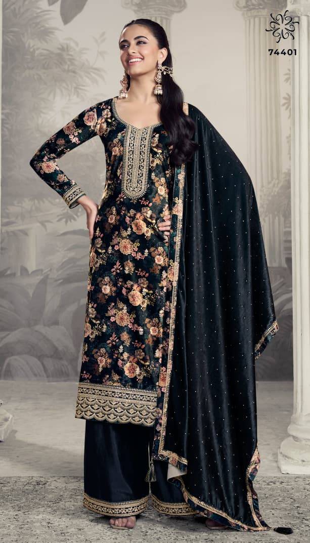 Charvi By Kuleesh 74401 To 74405 Series Designer Festive Suits Collection Beautiful Stylish Fancy Colorful Party Wear & Occasional Wear Velvet Dresses At Wholesale Price