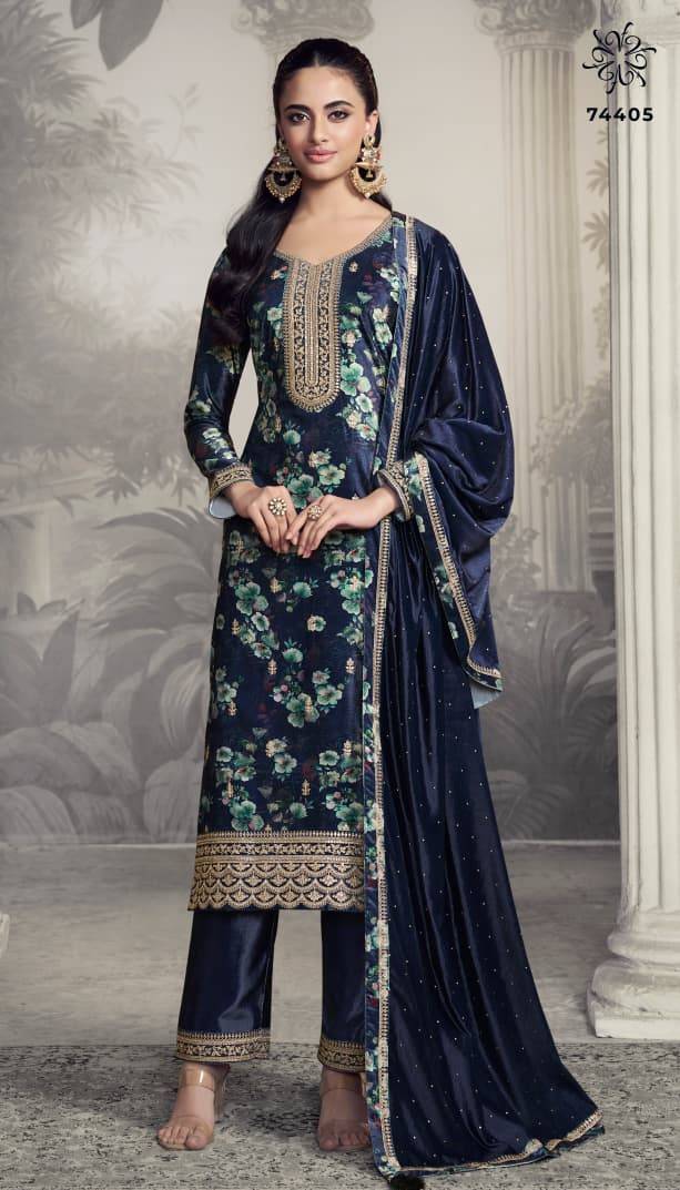 Charvi By Kuleesh 74401 To 74405 Series Designer Festive Suits Collection Beautiful Stylish Fancy Colorful Party Wear & Occasional Wear Velvet Dresses At Wholesale Price