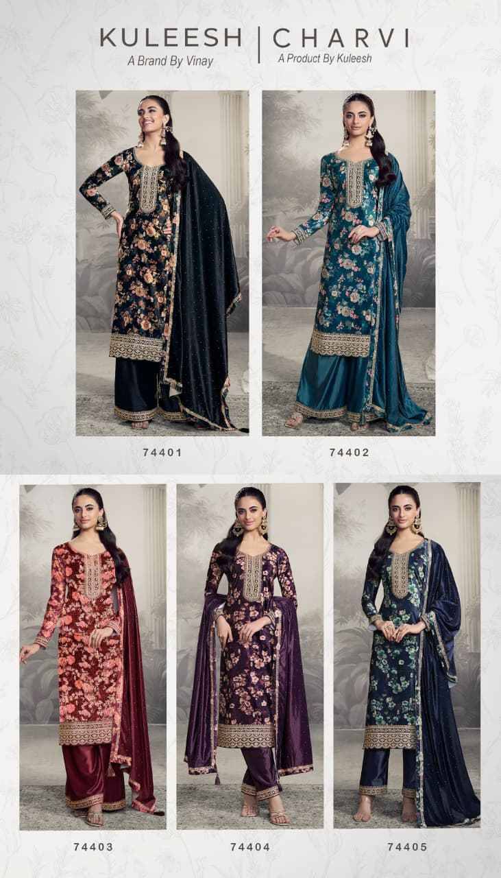Charvi By Kuleesh 74401 To 74405 Series Designer Festive Suits Collection Beautiful Stylish Fancy Colorful Party Wear & Occasional Wear Velvet Dresses At Wholesale Price