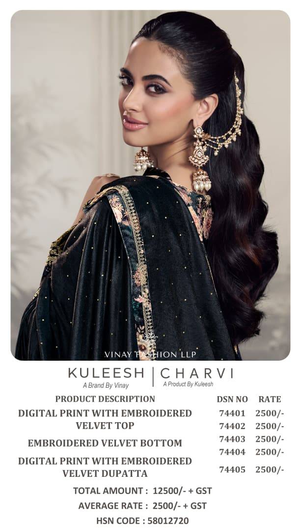 Charvi By Kuleesh 74401 To 74405 Series Designer Festive Suits Collection Beautiful Stylish Fancy Colorful Party Wear & Occasional Wear Velvet Dresses At Wholesale Price