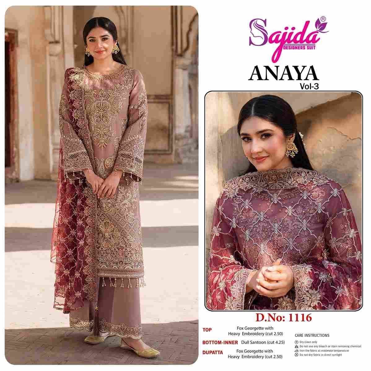 Anaya Vol-3 By Sajida Designer Suit 1116 To 1118 Series Designer Pakistani Suits Beautiful Fancy Stylish Colorful Party Wear & Occasional Wear Faux Georgette With Embroidery Dresses At Wholesale Price