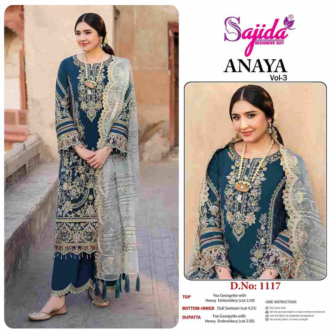 Anaya Vol-3 By Sajida Designer Suit 1116 To 1118 Series Designer Pakistani Suits Beautiful Fancy Stylish Colorful Party Wear & Occasional Wear Faux Georgette With Embroidery Dresses At Wholesale Price