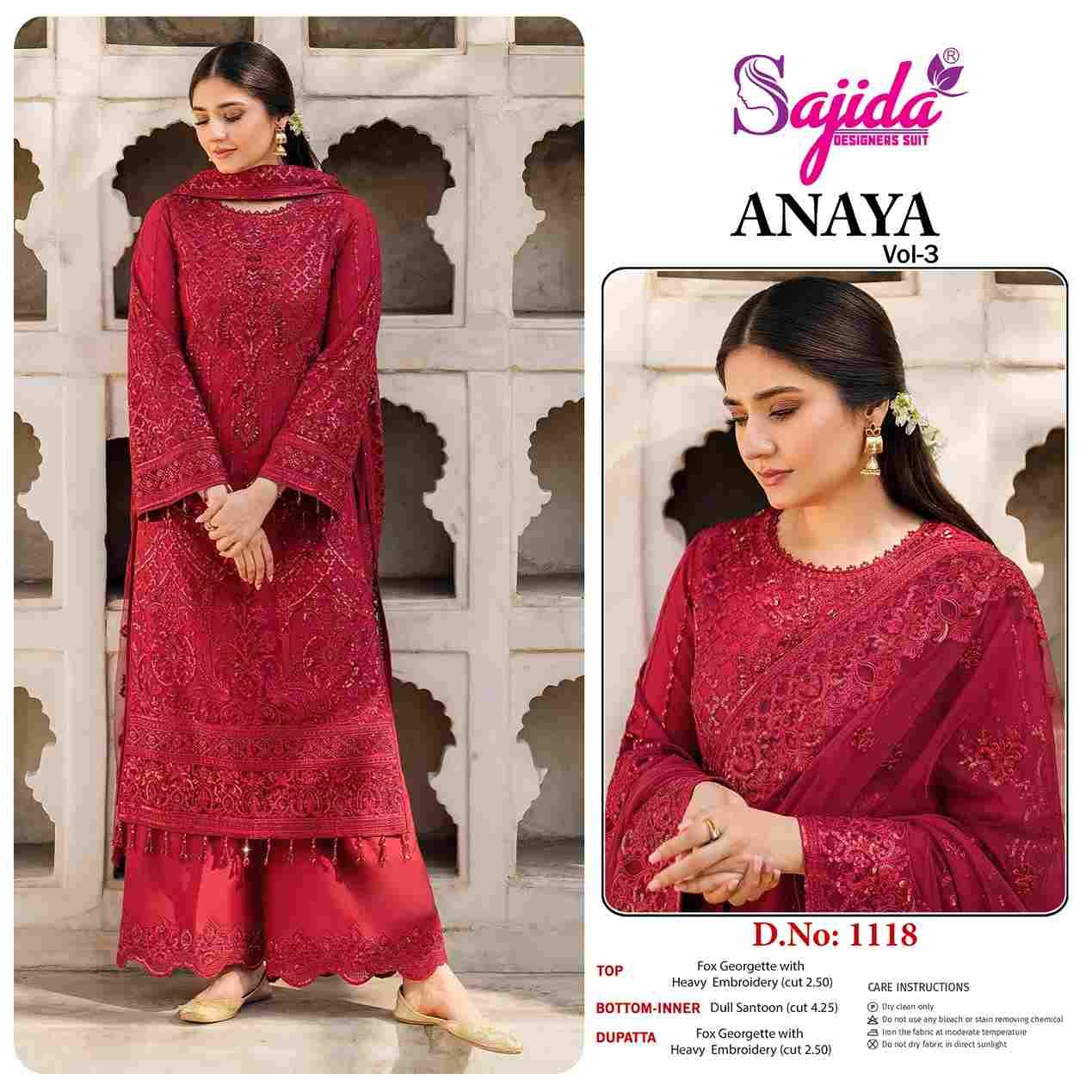 Anaya Vol-3 By Sajida Designer Suit 1116 To 1118 Series Designer Pakistani Suits Beautiful Fancy Stylish Colorful Party Wear & Occasional Wear Faux Georgette With Embroidery Dresses At Wholesale Price