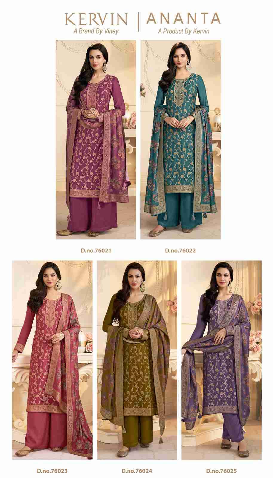 Kervin Ananta By Vinay Fashion 76021 To 76025 Series Beautiful Suits Colorful Stylish Fancy Casual Wear & Ethnic Wear Viscose Pashmina Dresses At Wholesale Price