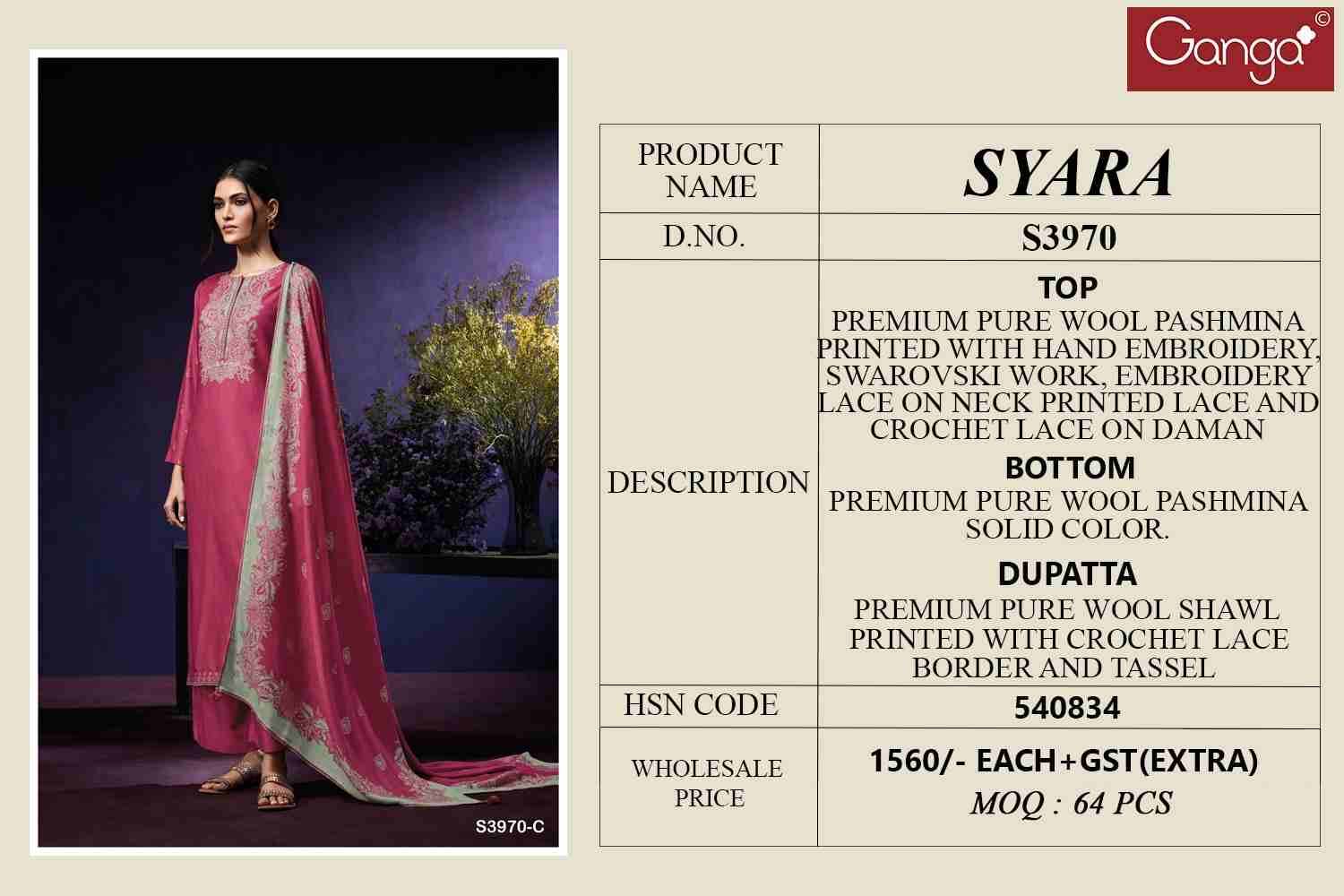 Syara-3970 By Ganga Fashion 3970-A To 3970-D Series Beautiful Festive Suits Colorful Stylish Fancy Casual Wear & Ethnic Wear Pure Pashmina Dresses At Wholesale Price