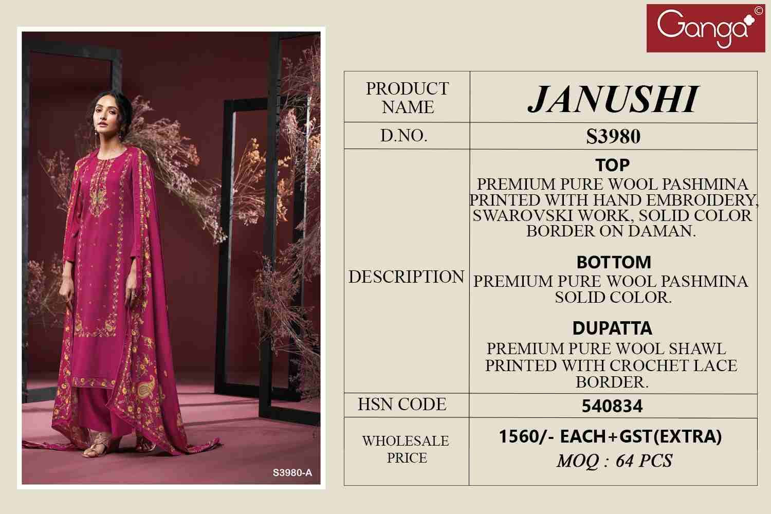 Janushi-3980 By Ganga Fashion 3980-A To 3980-D Series Beautiful Festive Suits Colorful Stylish Fancy Casual Wear & Ethnic Wear Pure Pashmina Dresses At Wholesale Price