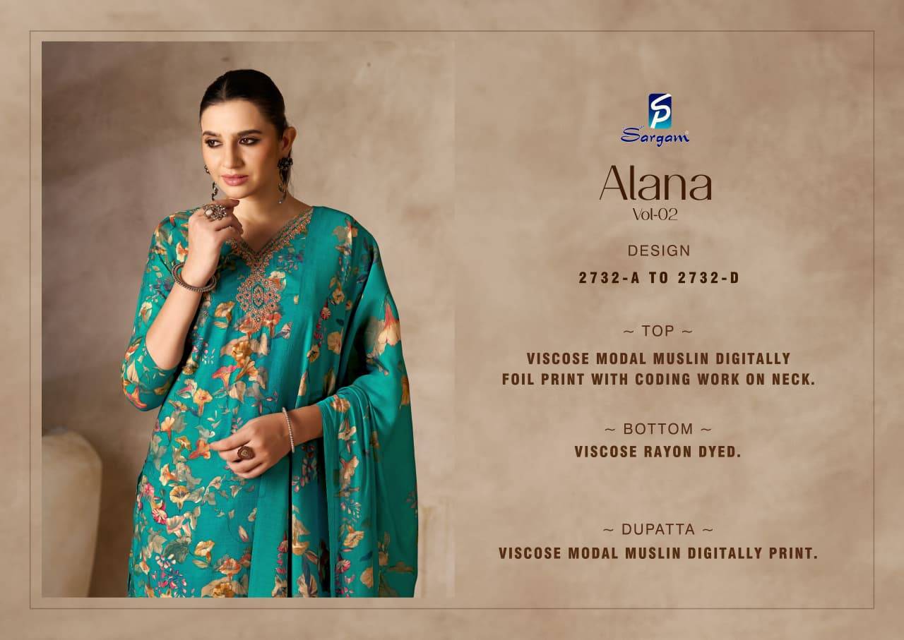 Alana Vol-2 By Sargam Prints 2732-A To 2732-D Series Beautiful Festive Suits Stylish Fancy Colorful Casual Wear & Ethnic Wear Pure Viscose Muslin Print Dresses At Wholesale Price