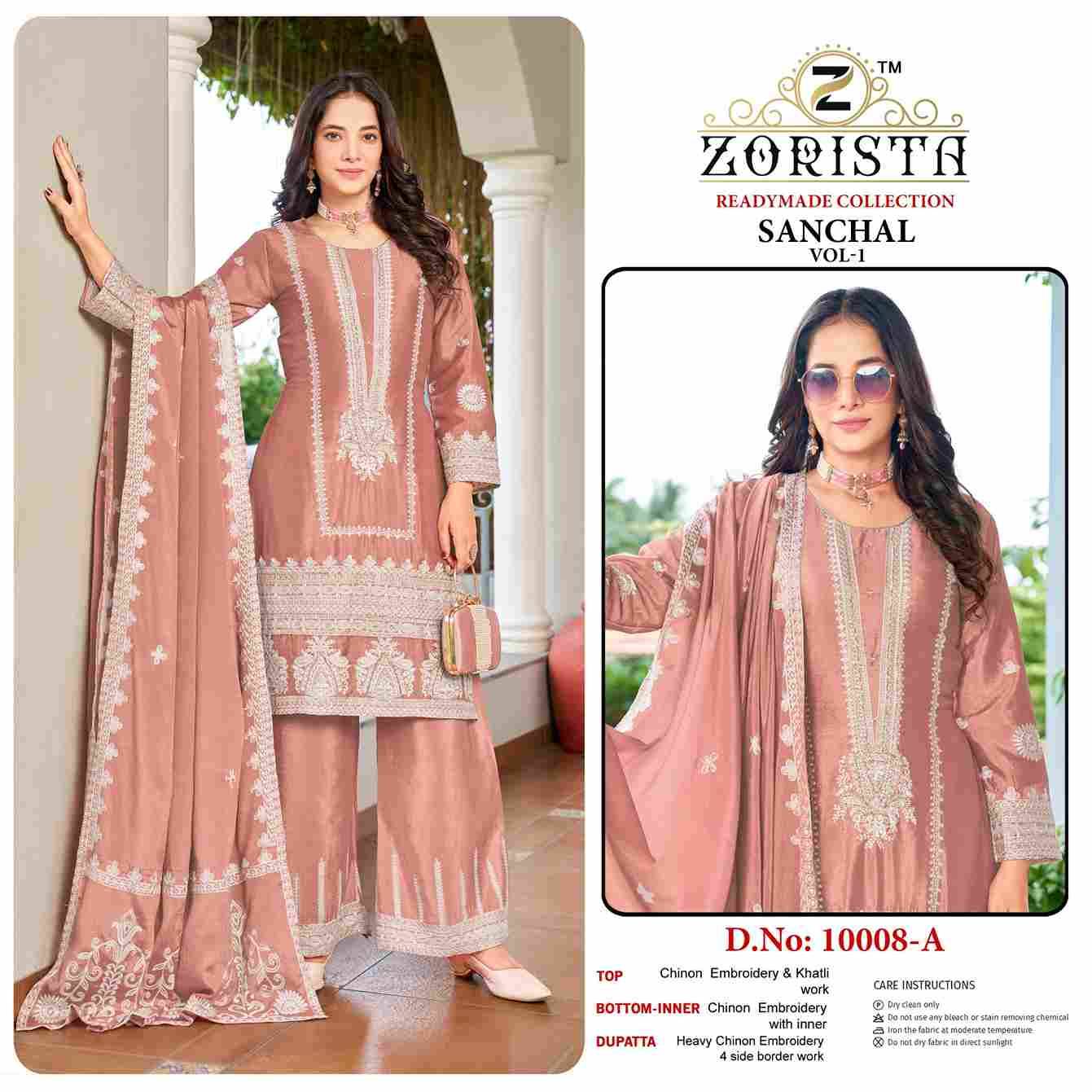Sanchal Vol-1 By Zorista 10008-A To 10008-D Series Designer Pakistani Suits Beautiful Fancy Stylish Colorful Party Wear & Occasional Wear Chinnon With Embroidery Dresses At Wholesale Price
