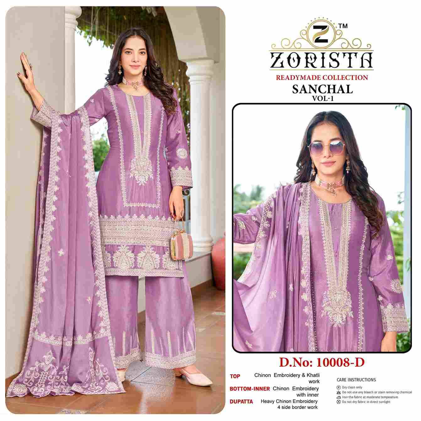 Sanchal Vol-1 By Zorista 10008-A To 10008-D Series Designer Pakistani Suits Beautiful Fancy Stylish Colorful Party Wear & Occasional Wear Chinnon With Embroidery Dresses At Wholesale Price