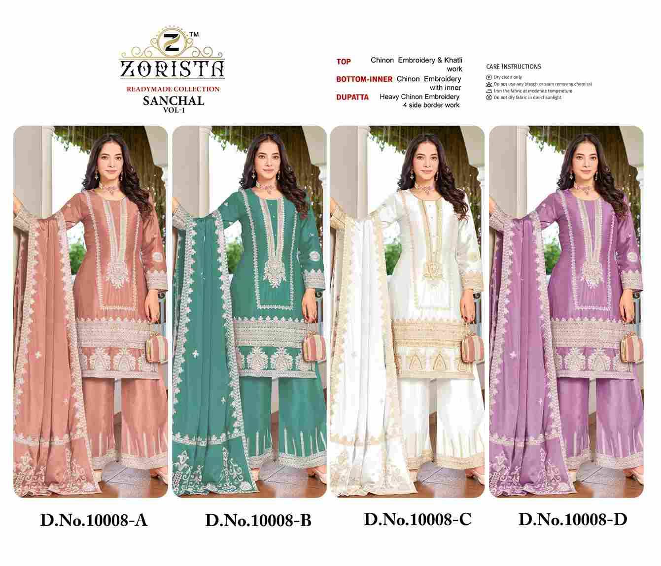 Sanchal Vol-1 By Zorista 10008-A To 10008-D Series Designer Pakistani Suits Beautiful Fancy Stylish Colorful Party Wear & Occasional Wear Chinnon With Embroidery Dresses At Wholesale Price