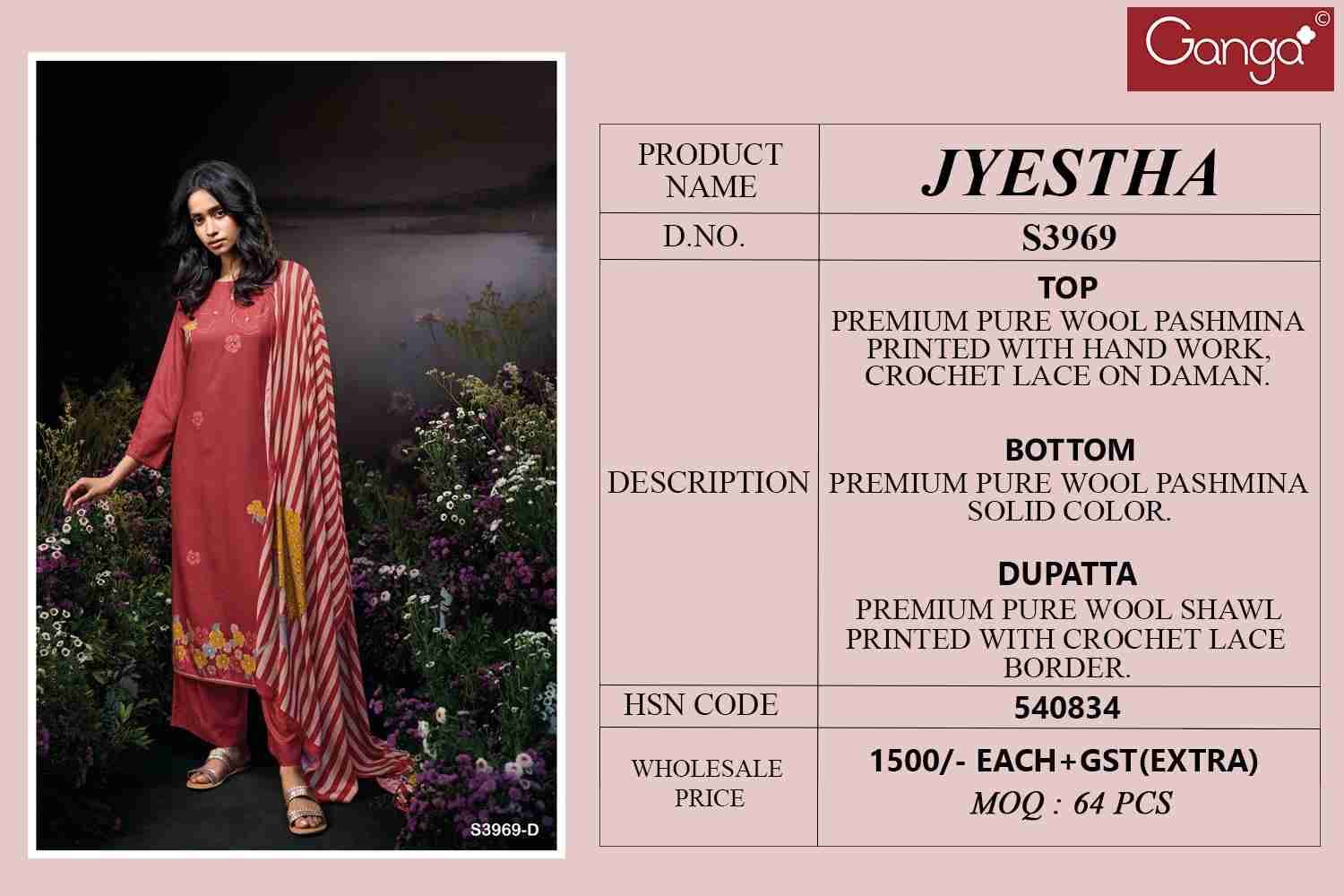 Jyestha-3969 By Ganga Fashion 3969-A To 3969-D Series Beautiful Festive Suits Colorful Stylish Fancy Casual Wear & Ethnic Wear Pure Pashmina Dresses At Wholesale Price