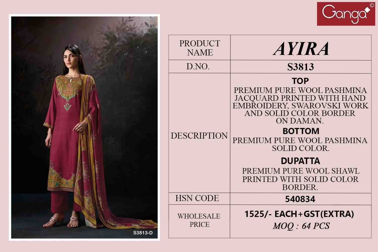 Ayira-3813 By Ganga Fashion 3813-A To 3813-D Series Beautiful Festive Suits Colorful Stylish Fancy Casual Wear & Ethnic Wear Pure Pashmina Jacquard Dresses At Wholesale Price