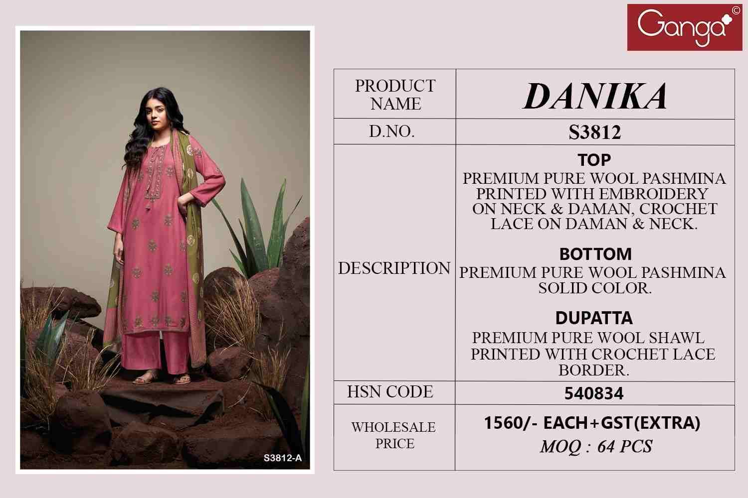 Danika-3812 By Ganga Fashion 3812-A To 3812-D Series Beautiful Festive Suits Colorful Stylish Fancy Casual Wear & Ethnic Wear Pure Pashmina Dresses At Wholesale Price