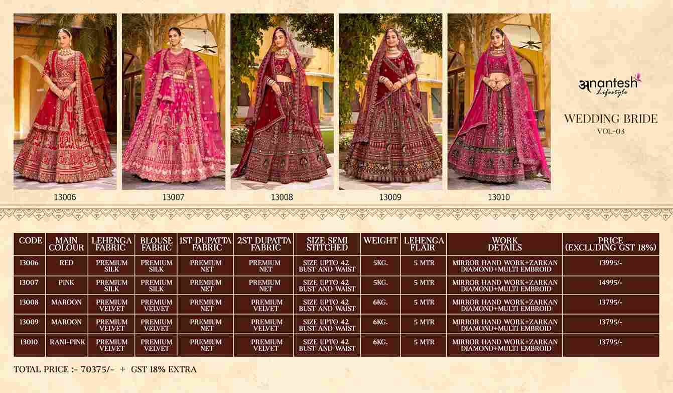 Wedding Bride Vol-3 By Anantesh Lifestyle 13006 To 13010 Series Bridal Wear Collection Beautiful Stylish Colorful Fancy Party Wear & Occasional Wear Silk/Velvet Lehengas At Wholesale Price