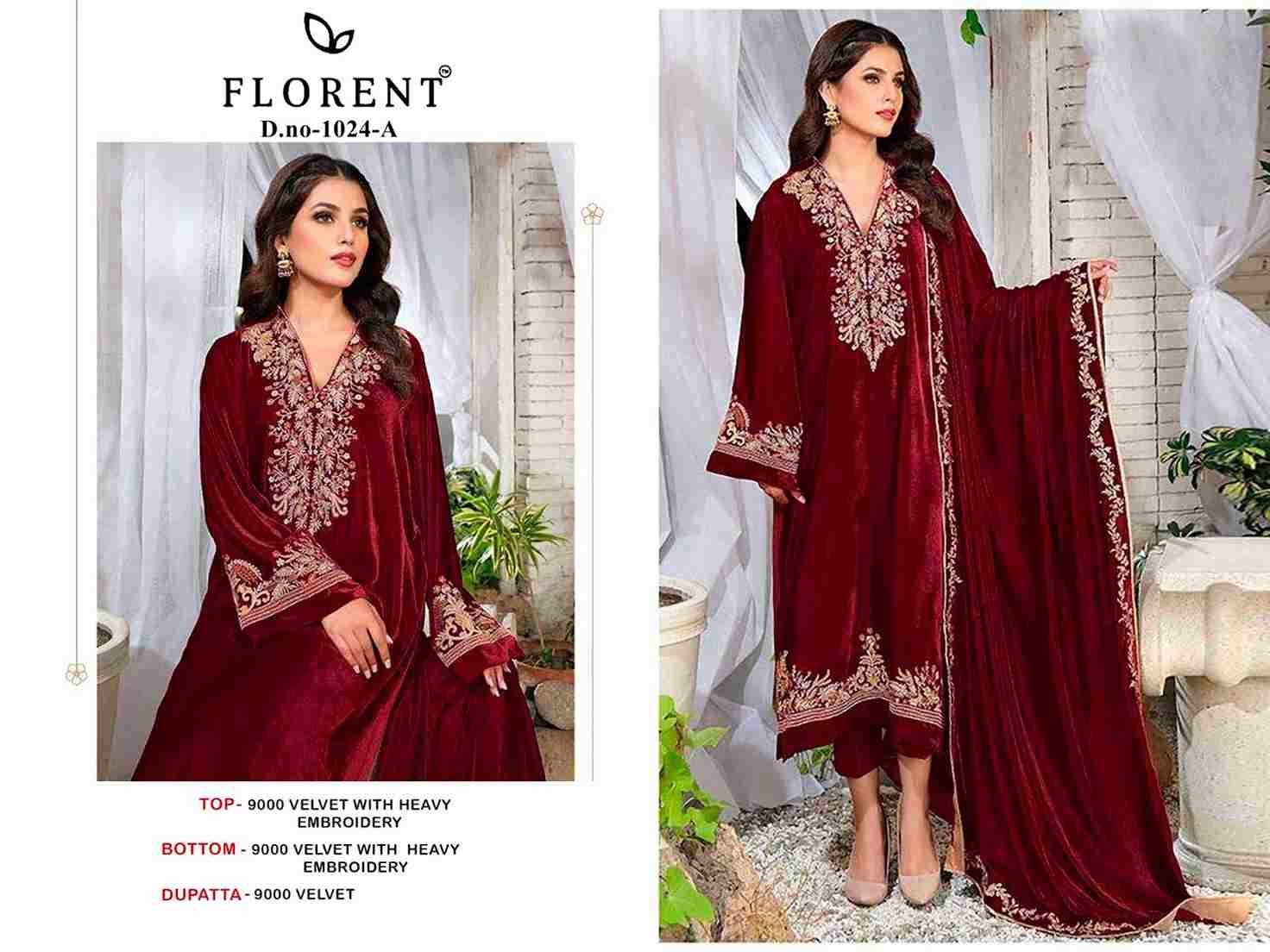 Florent 1024 Colours By Fashid Wholesale 1024-A To 1024-D Series Pakistani Suits Beautiful Fancy Colorful Stylish Party Wear & Occasional Wear Velvet Embroidery Dresses At Wholesale Price