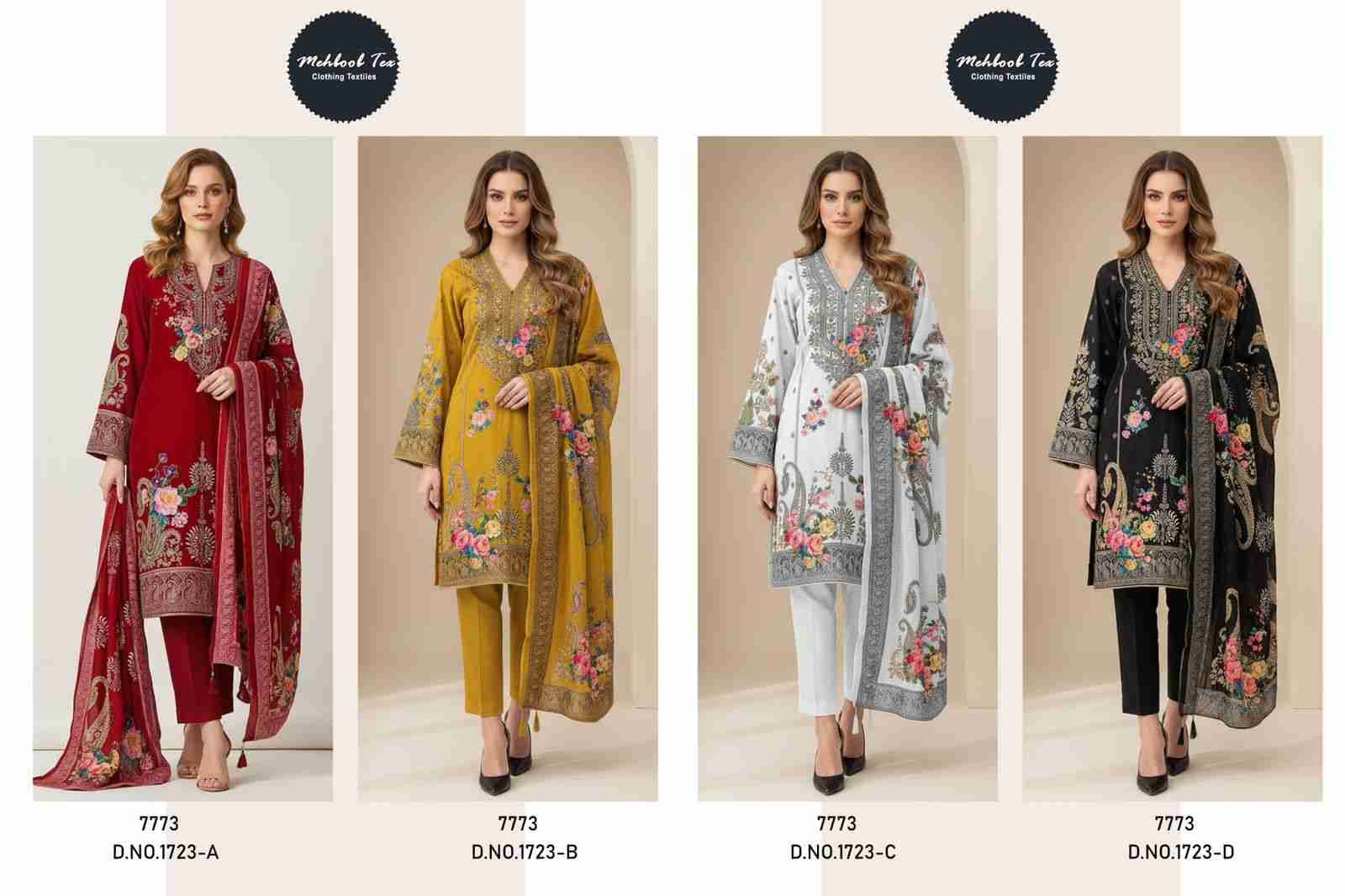 Mehboob Tex Hit Design 1723 Colours By Mehboob Tex 1723-A To 1723-D Series Beautiful Pakistani Suits Stylish Fancy Colorful Party Wear & Occasional Wear Pure Viscose Muslin Dresses At Wholesale Price
