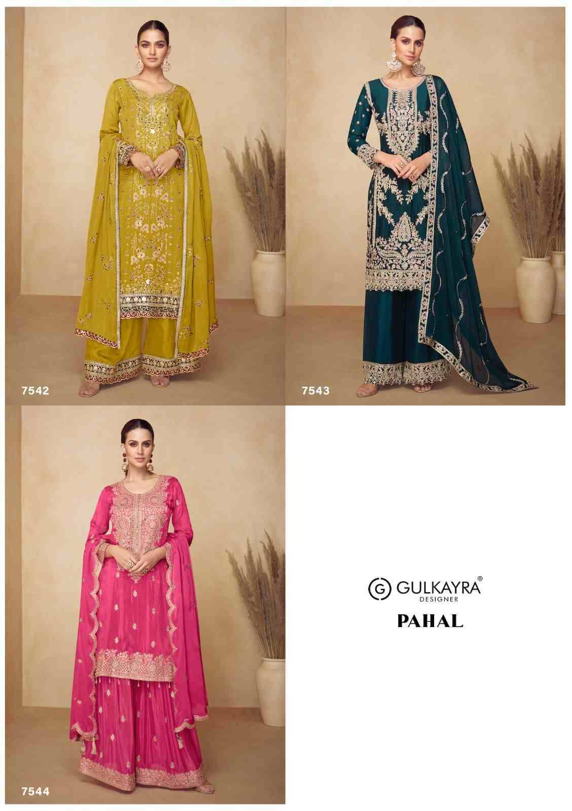 Pahal By Gulkayra Designer 7542 To 7544 Series Beautiful Festive Suits Colorful Stylish Fancy Casual Wear & Ethnic Wear Chinnon Dresses At Wholesale Price