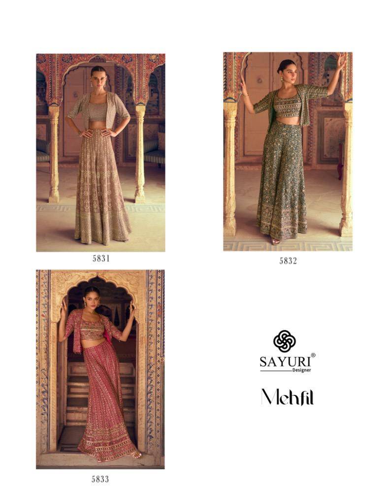 Mehfil By Sayuri 5831 To 5833 Series Designer Beautiful Festive Collection Occasional Wear & Party Wear Pure Georgette Crop Top With Bottom And Jacket At Wholesale Price