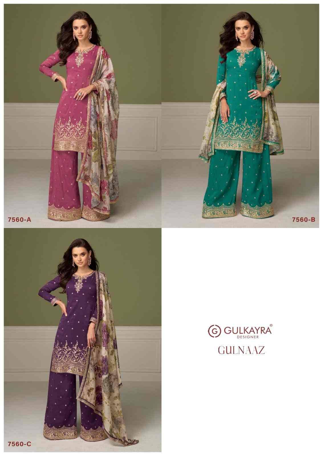 Gulnaaz By Gulkayra Designer 7560-A To 7560-C Series Beautiful Festive Suits Colorful Stylish Fancy Casual Wear & Ethnic Wear Simar Silk Dresses At Wholesale Price