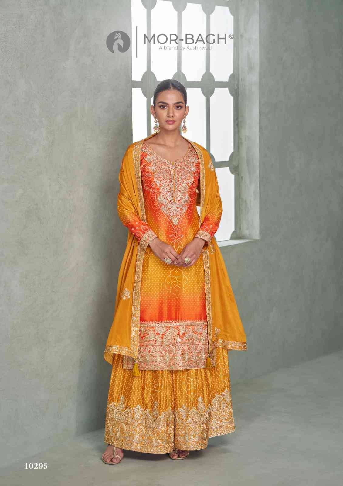 Aavya By Mor-Bagh 10292 To 10296 Series Beautiful Sharara Suits Colorful Stylish Fancy Casual Wear & Ethnic Wear Chinnon Silk With Work Dresses At Wholesale Price