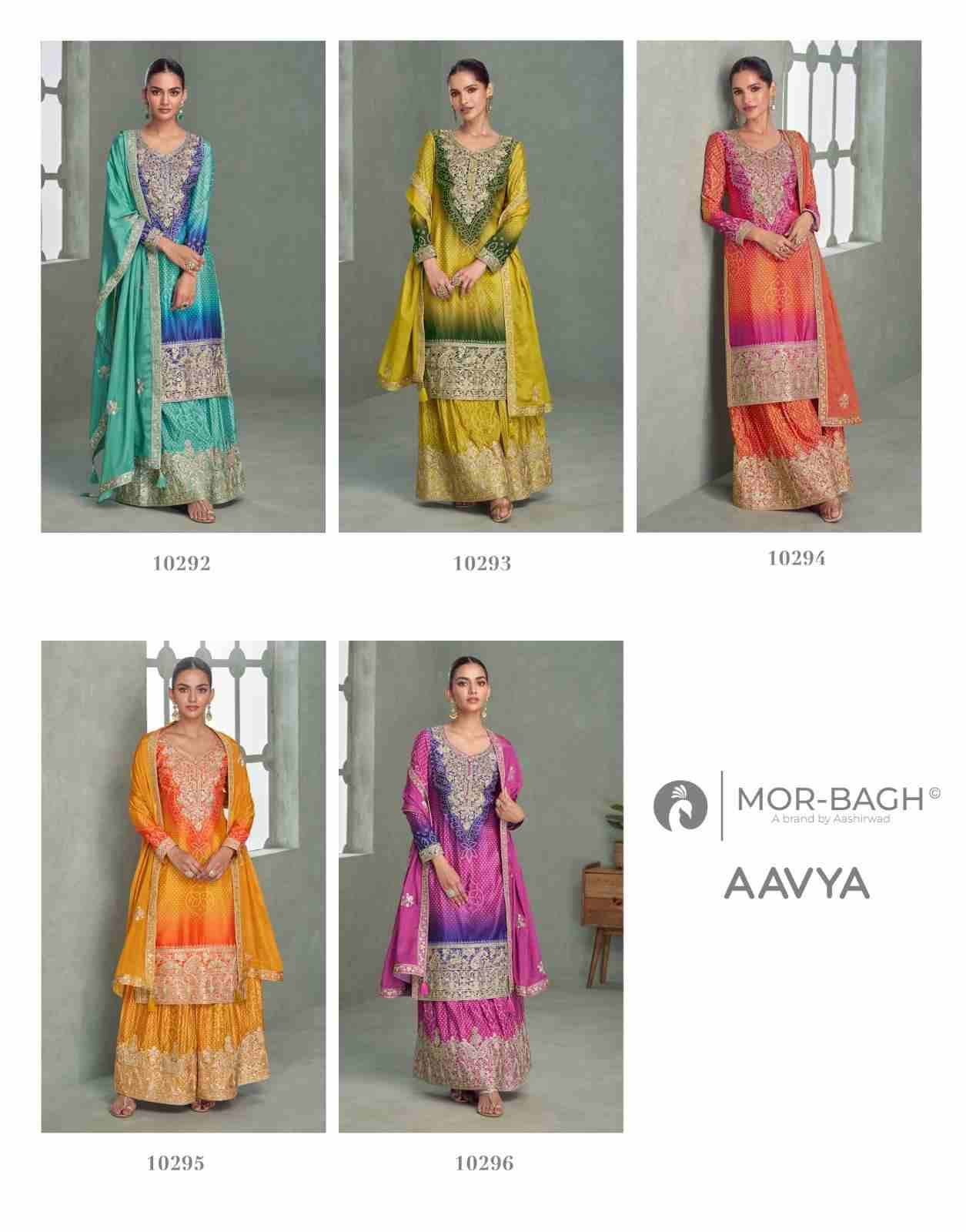 Aavya By Mor-Bagh 10292 To 10296 Series Beautiful Sharara Suits Colorful Stylish Fancy Casual Wear & Ethnic Wear Chinnon Silk With Work Dresses At Wholesale Price