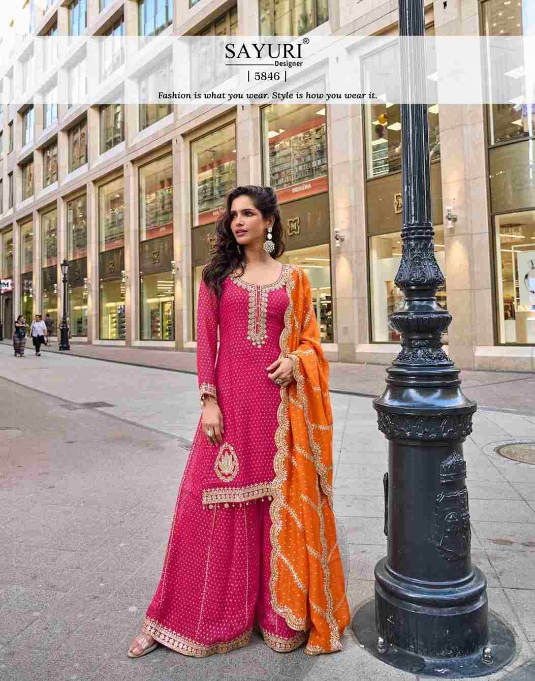 Swati By Sayuri 5846 To 5849 Series Designer Sharara Suits Beautiful Fancy Stylish Colorful Party Wear & Occasional Wear Viscose Jacquard Silk Embroidered Dresses At Wholesale Price