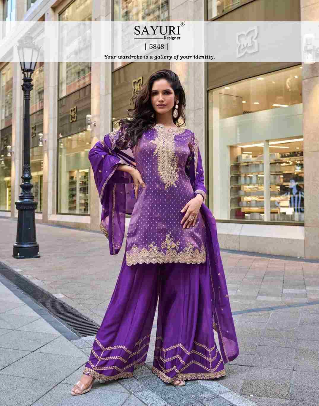 Swati By Sayuri 5846 To 5849 Series Designer Sharara Suits Beautiful Fancy Stylish Colorful Party Wear & Occasional Wear Viscose Jacquard Silk Embroidered Dresses At Wholesale Price