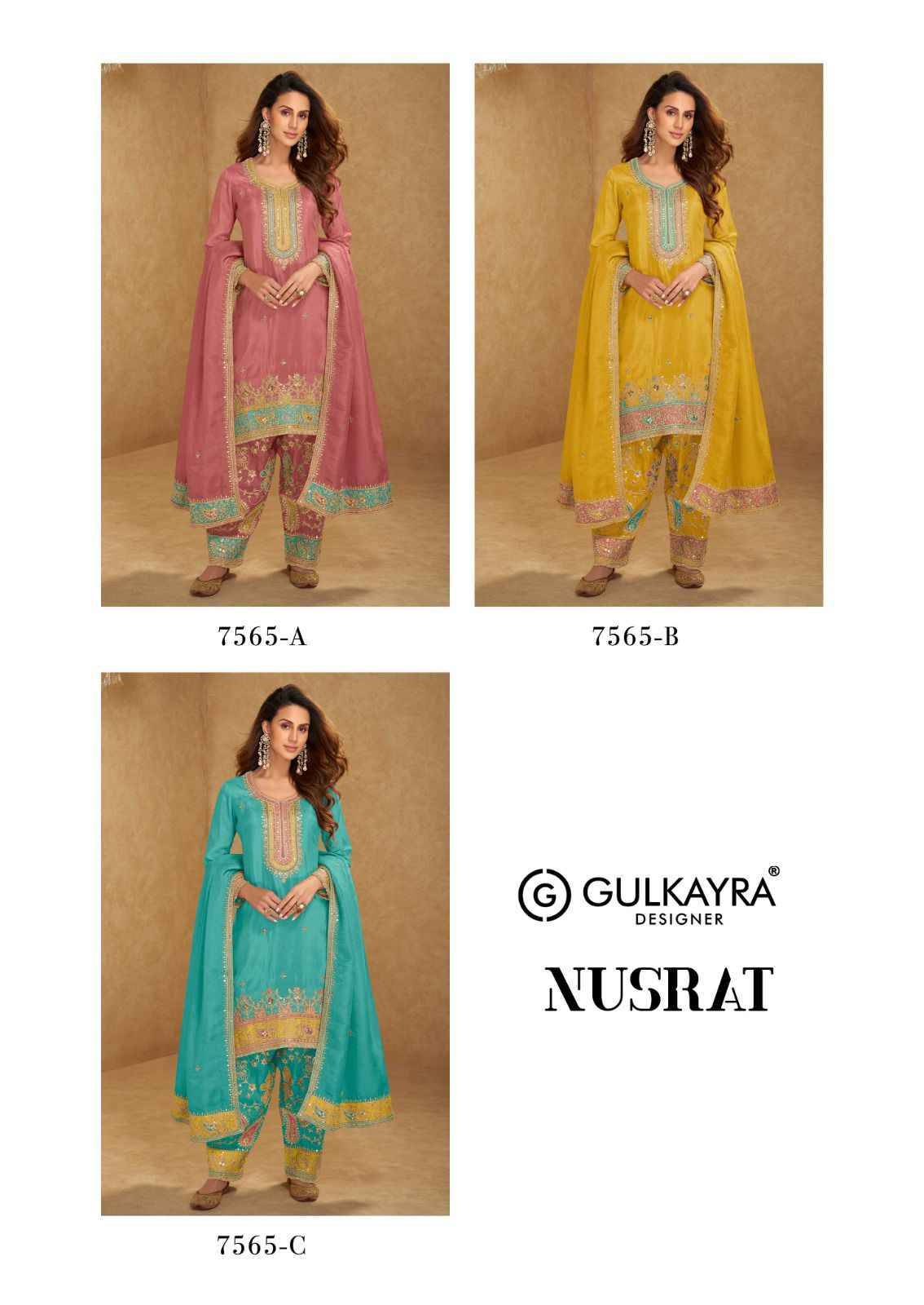 Nusrat By Gulkayra Designer 7565-A To 7565-C Series Beautiful Festive Suits Colorful Stylish Fancy Casual Wear & Ethnic Wear Simar Silk Dresses At Wholesale Price
