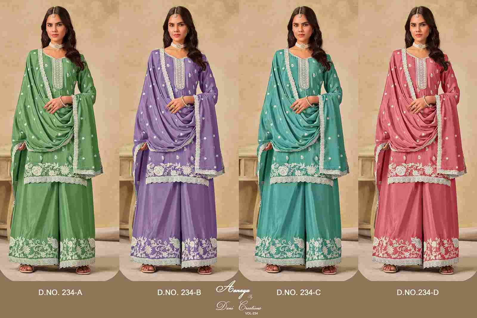 Aanaya Vol-234 By Twisha 234-A To 234-D Series Designer Sharara Suits Beautiful Fancy Colorful Stylish Party Wear & Occasional Wear Chinnon Dresses At Wholesale Price