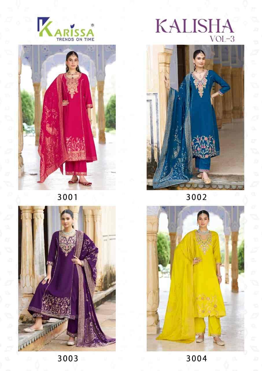 Kalisha Vol-3 By Karissa 3001 To 3004 Series Beautiful Festive Suits Colorful Stylish Fancy Casual Wear & Ethnic Wear Viscose Silk Dresses At Wholesale Price