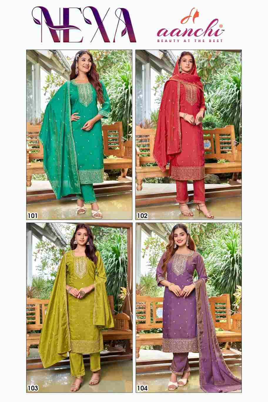 Nexa By Aanchi 101 To 104 Series Beautiful Festive Suits Colorful Stylish Fancy Casual Wear & Ethnic Wear Roman Shimmer Dresses At Wholesale Price